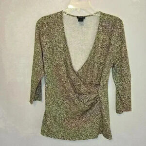 Ann Taylor Faux Wrap Top Ruched Brown and White Geometric Top Sz M Mob Wife